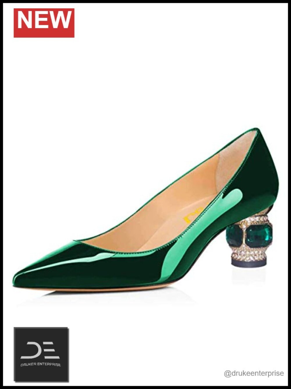 Women's Crystal Block Heel Pointed Toe Pumps Faux Leather Slip On